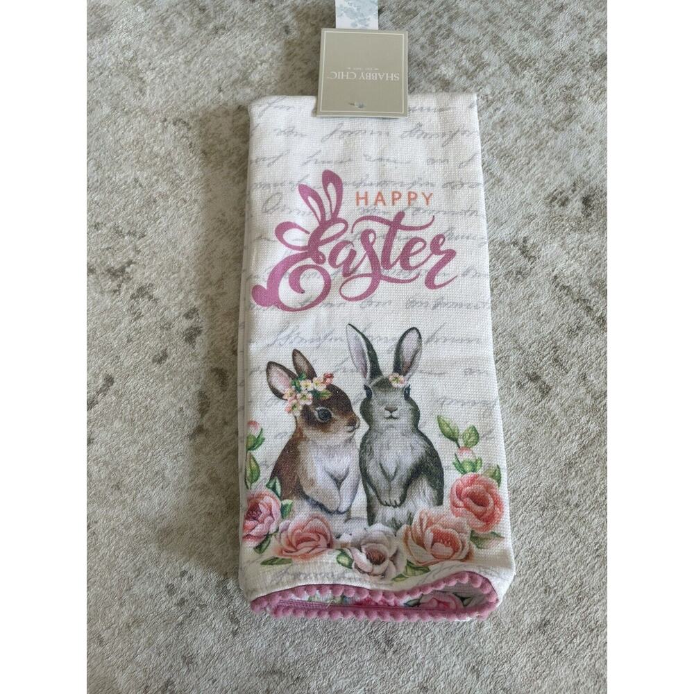Shabby Chic Set Of 2 Easter Spring Floral‎ Kitchen Towels Bunnies Cotton NWT